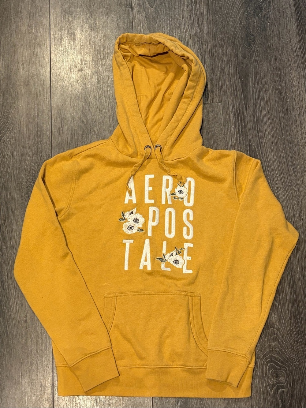 Aeropostale Mustard Yellow Hoodie with Floral Design